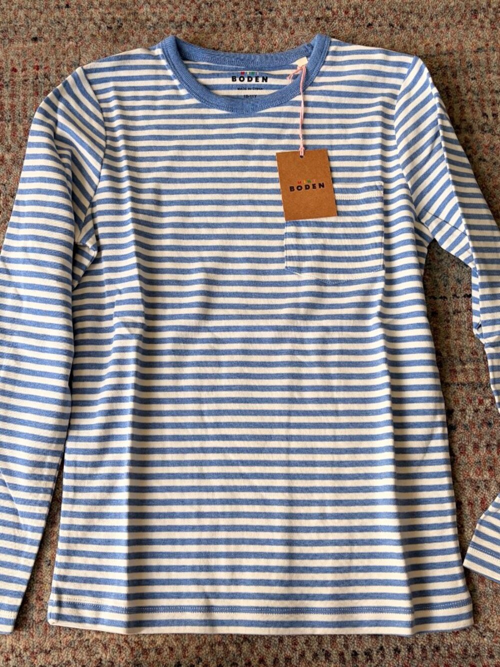 Mini Boden Boys Long Sleeve T-Shirt size 10-11Y Blue and Ivory Striped